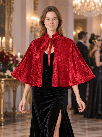 Red Velvet Capelet with Collar and Ties