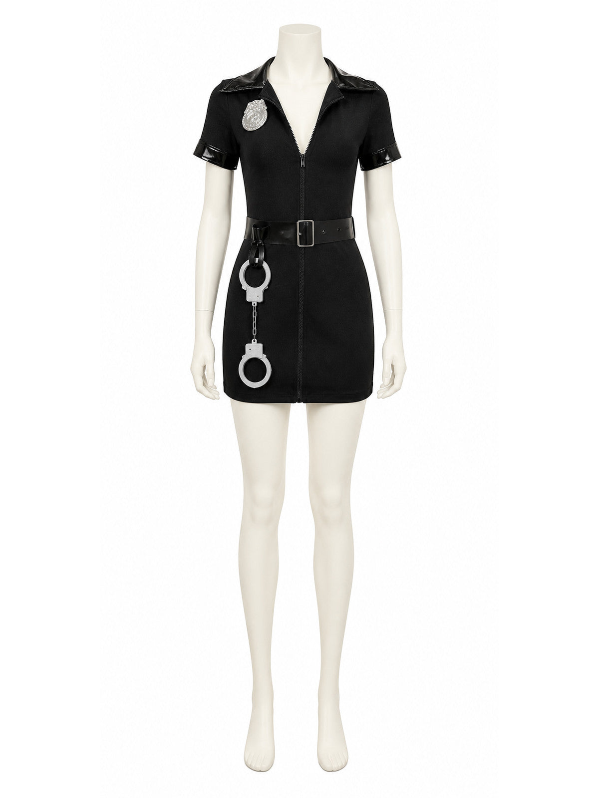 Black Police Costume with Collar, Zipper, and Belt