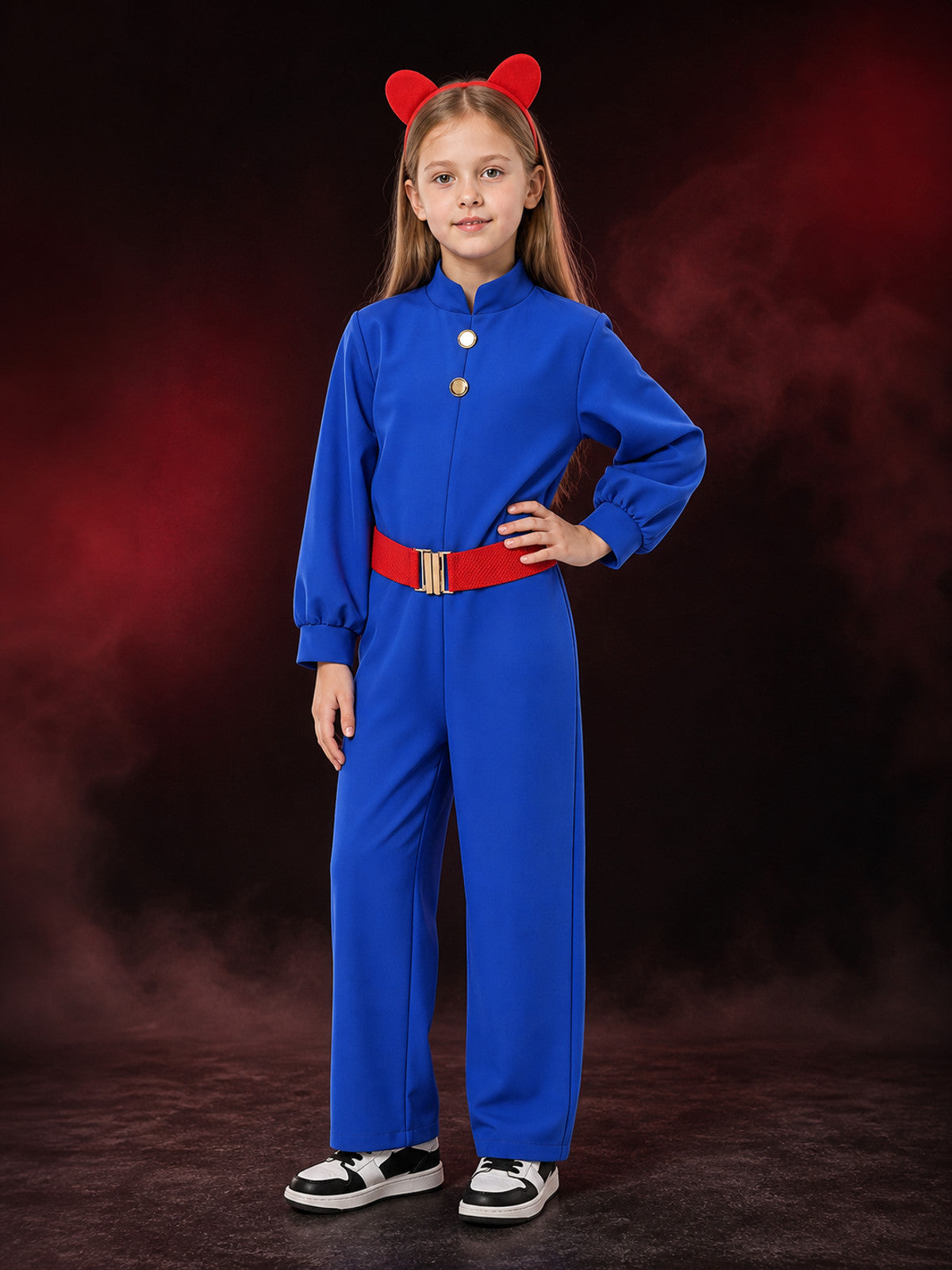 Kids Willy Wonka Blue Jumpsuit Costume Set with Red Ears Headband & Belt