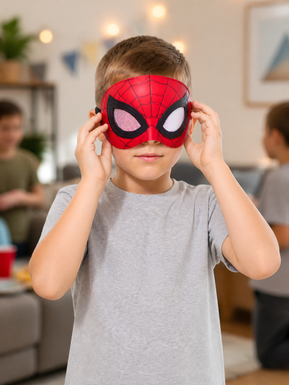 Red-and-Black Carnival Mask with White Mesh Eyes