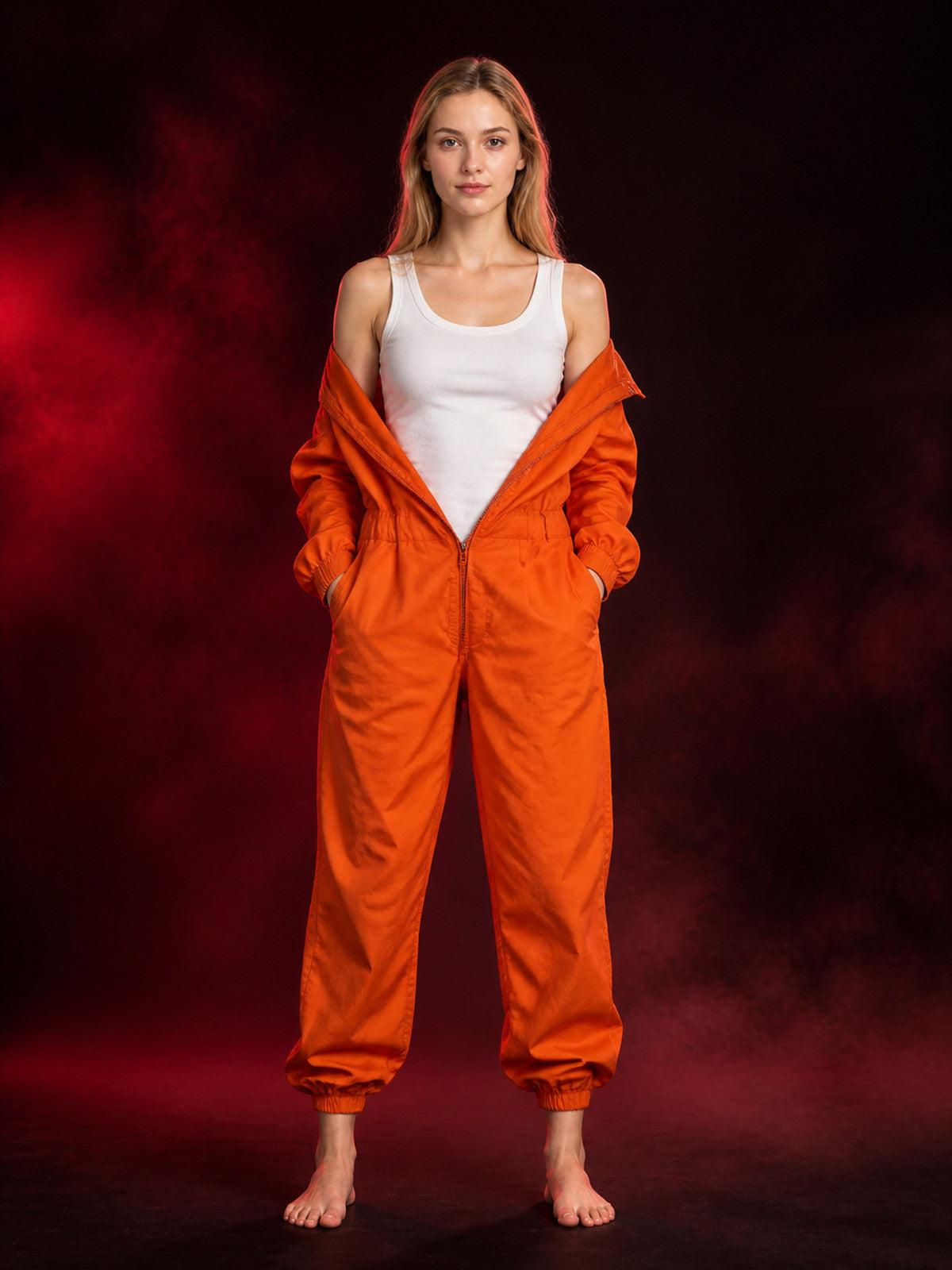 Orange Prison Jumpsuit Costume With White Tank Top, Long Sleeve Cosplay Outfit main product view
