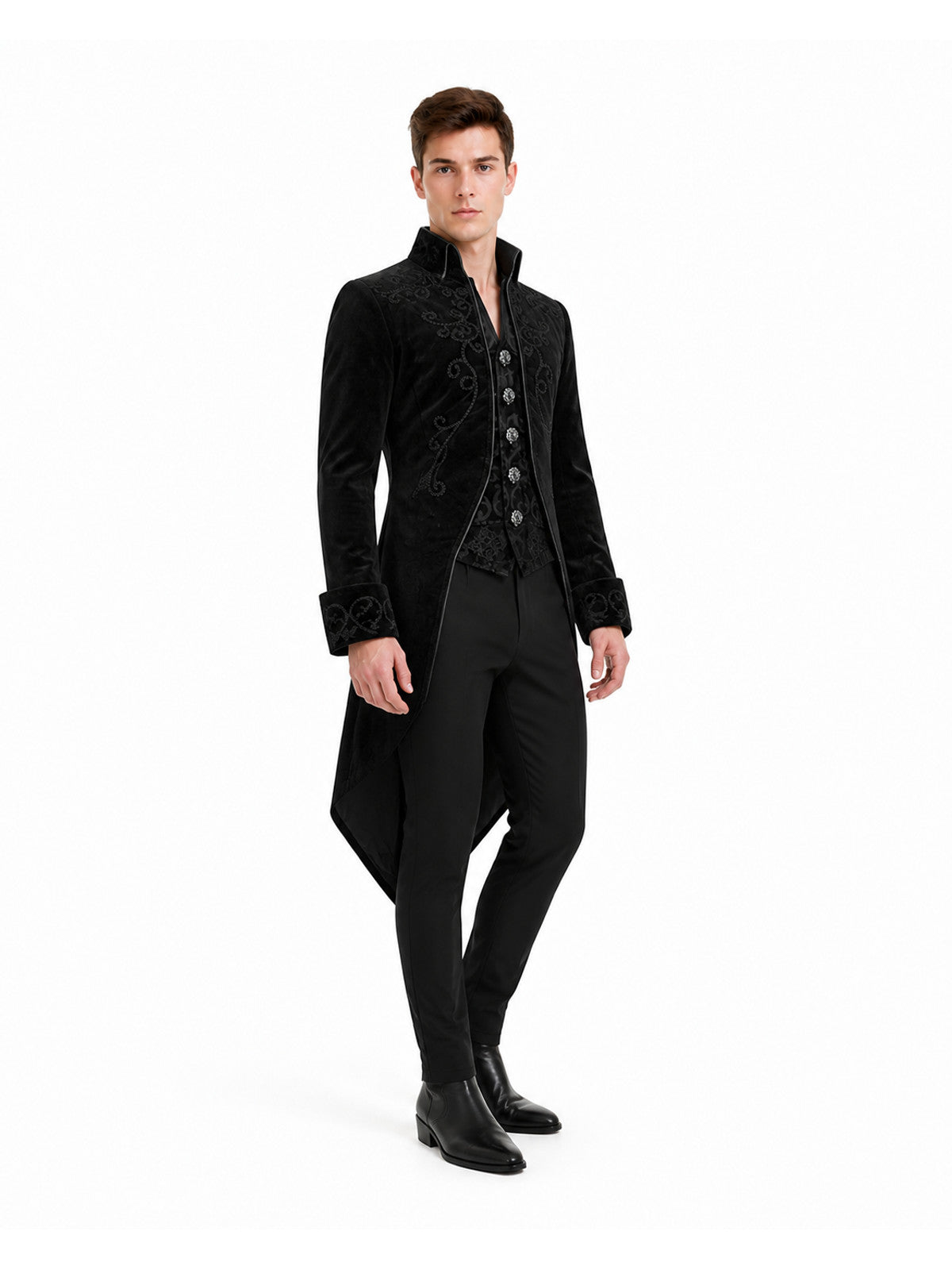 Black Tailcoat with Embroidery and Stand Collar product detail
