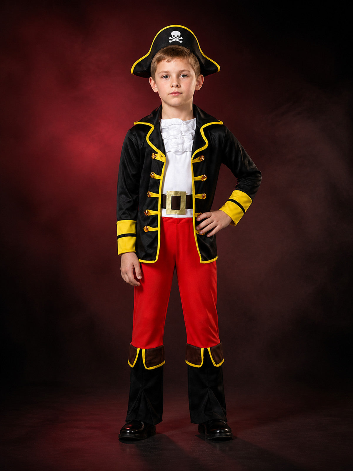 Kids Pirate Costume Set, Black and Red Jacket with Pants, Skull Print Halloween main product view