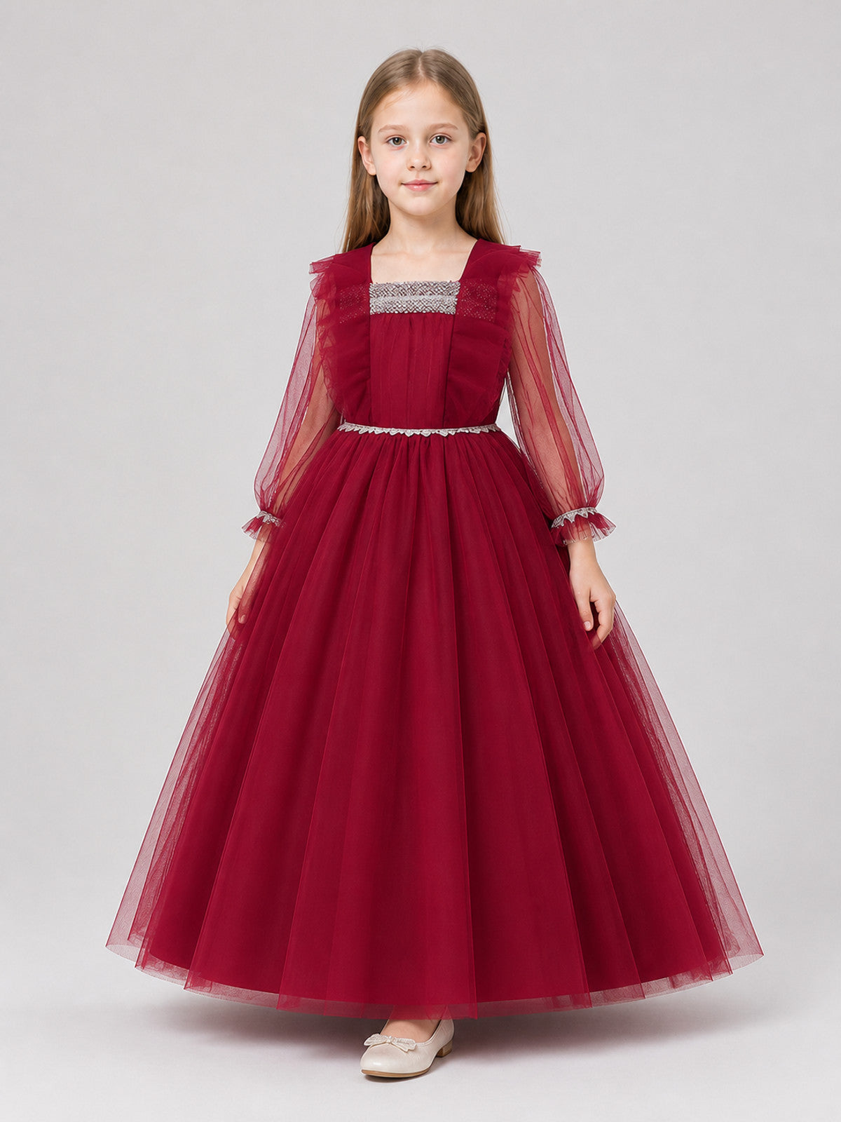 Burgundy Dress with a Full Skirt and Mesh Sleeves Costume Dresses detail