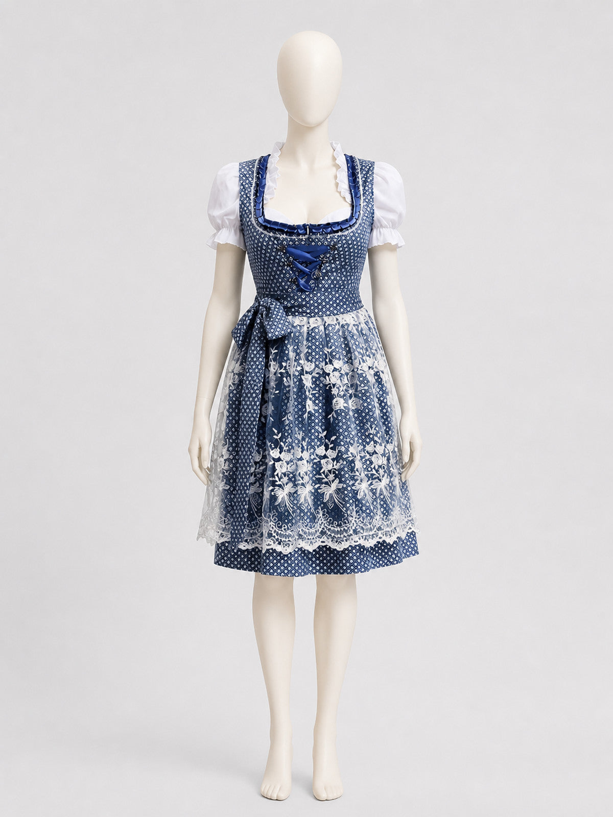 Traditional Bavarian Blue and White Dress with Lace