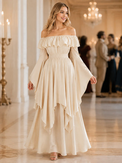 A-Line Dress with Ruffles and Off-the-Shoulder Design