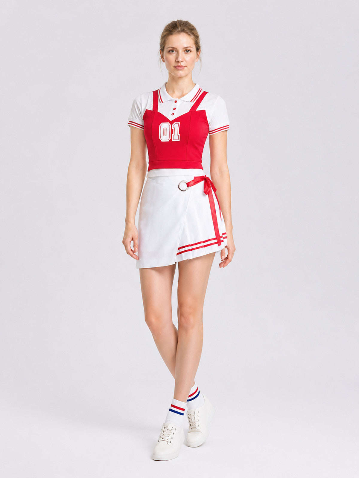 Red and White Cheerleading Costume, Shirt and Skirt Costumes detail