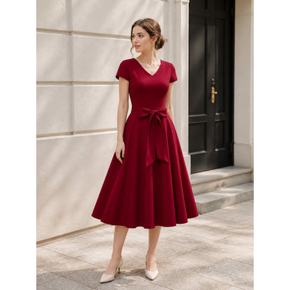Burgundy Dress with a V-Neckline and Bow