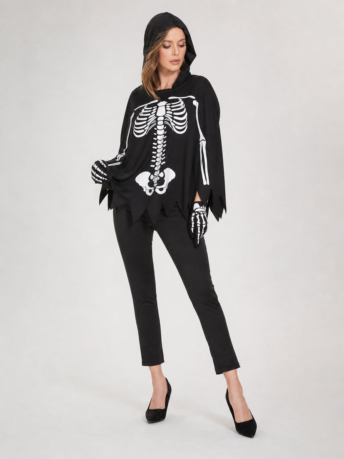 Black Hooded Cape with Skeleton Print