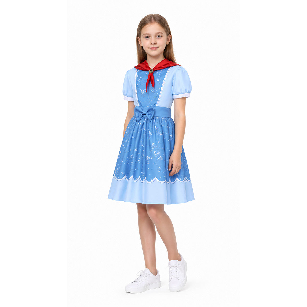 Blue Short-Sleeve Dress with Red Scarf and Bow Costume Dresses detail