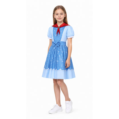 Blue Short-Sleeve Dress with Red Scarf and Bow Costume Dresses detail