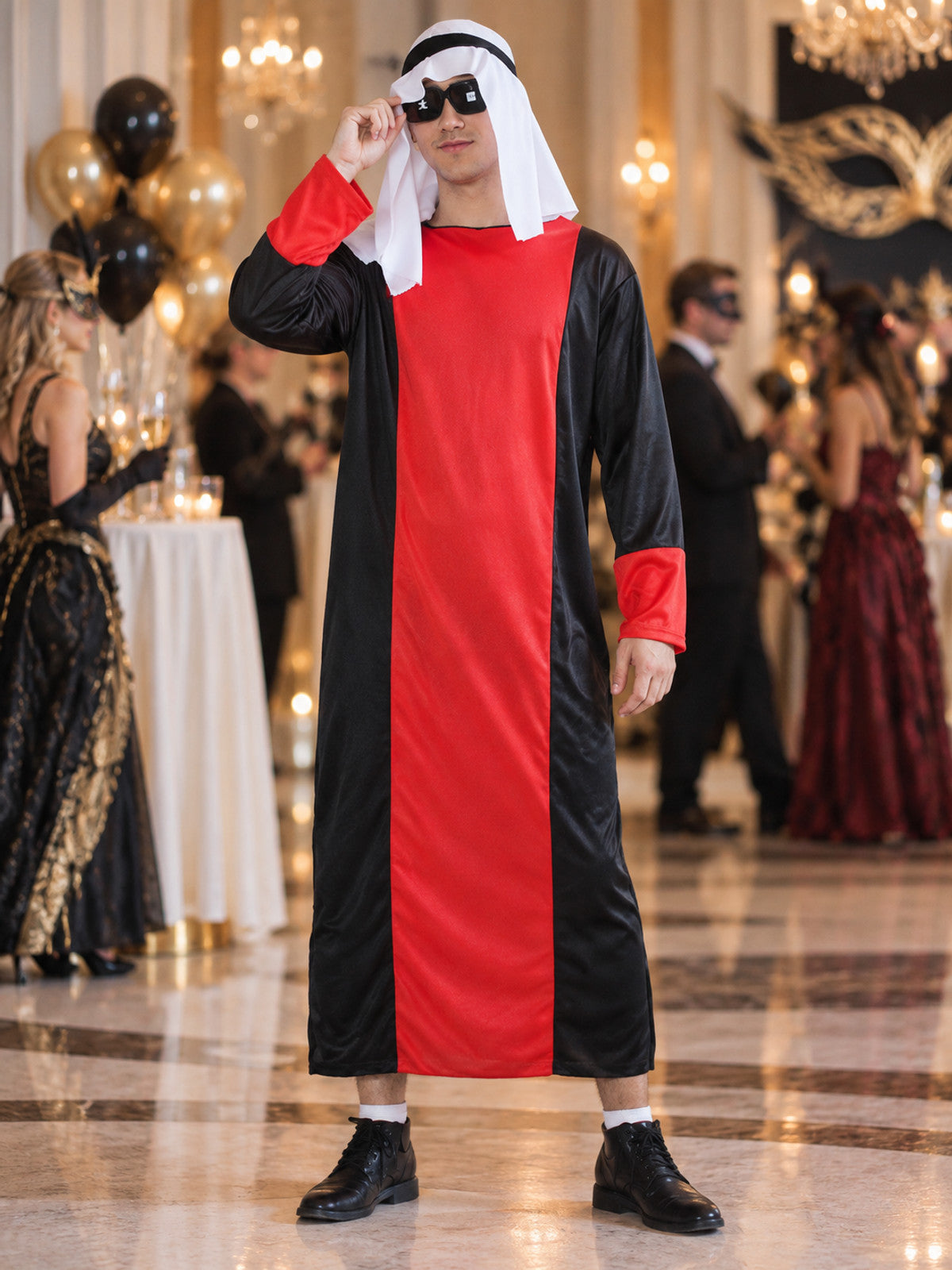 Carnival costume with red and black panels, white scarf