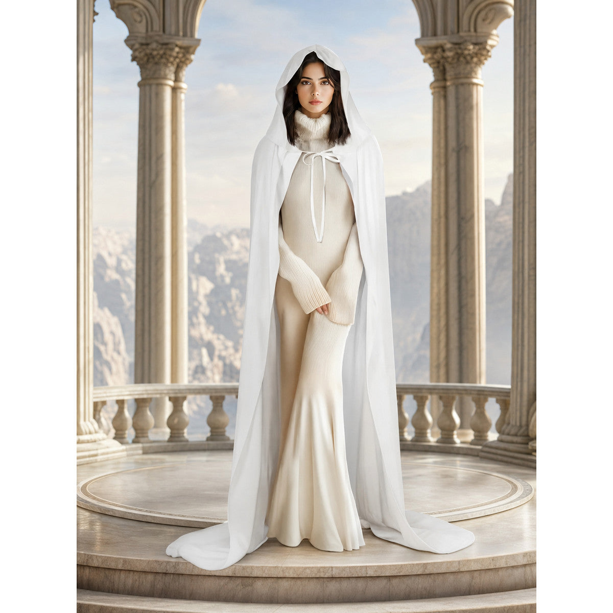 Long White Hooded Carnival Cape lifestyle