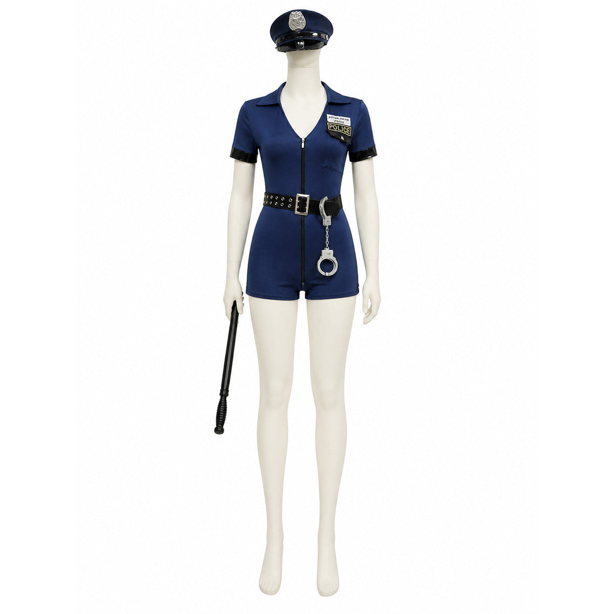 Women's Sexy Dark Blue Police Jumpsuit Costume Set with Hat, Belt, Handcuffs on-model Halloween scene view
