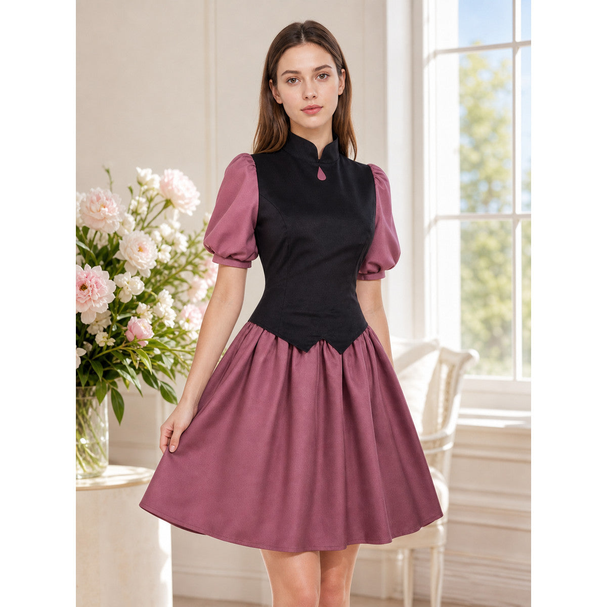 Amity Cosplay Costume with a Black Blouse and Burgundy Skirt lifestyle view