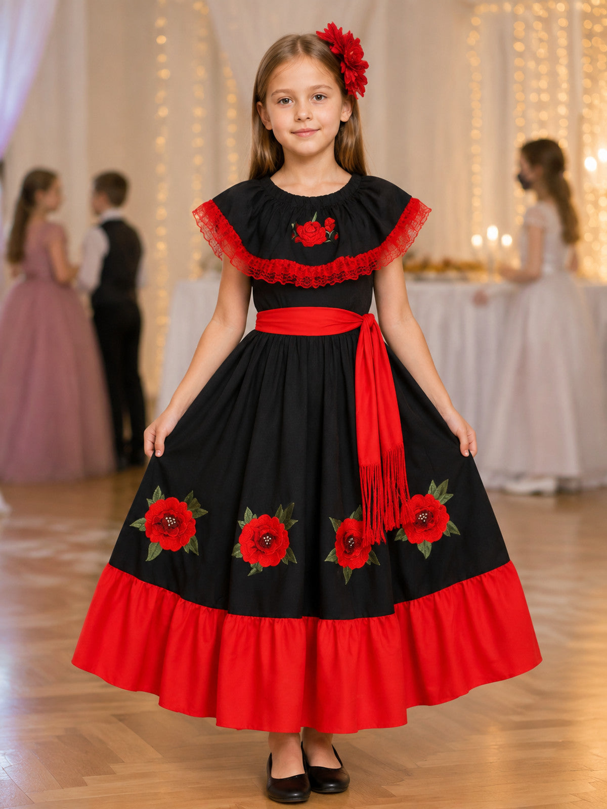 Children's Carnival Dress with Red Ruffle and Belt lifestyle view