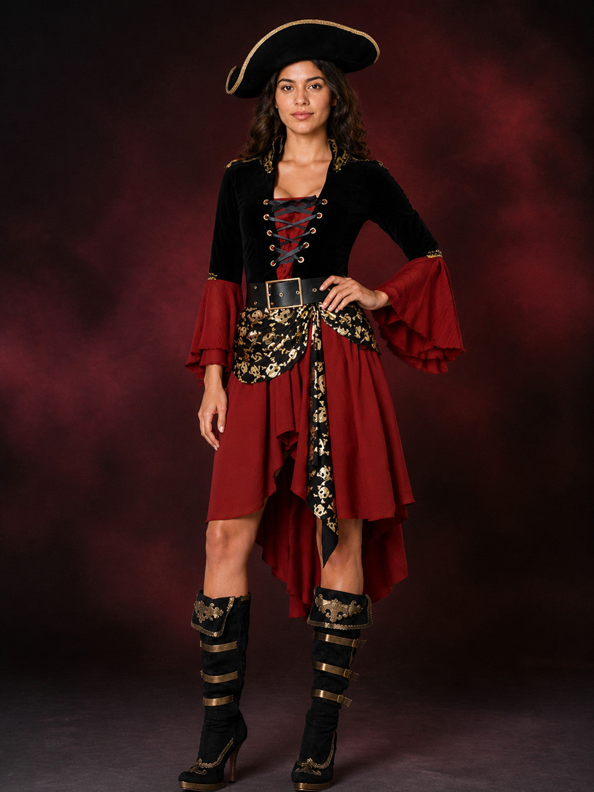Women's Pirate Costume Dress Set, Red Black Gold, Lace-Up, Hat and Belt main product view