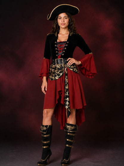 Women's Pirate Costume Dress Set, Red Black Gold, Lace-Up, Hat and Belt main product view