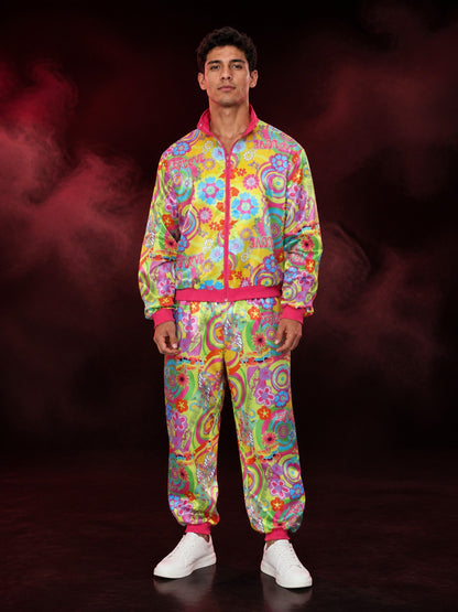 Retro 70s Disco Jumpsuit Costume, Colorful Floral Print, Zip Front, Stand Collar main product view