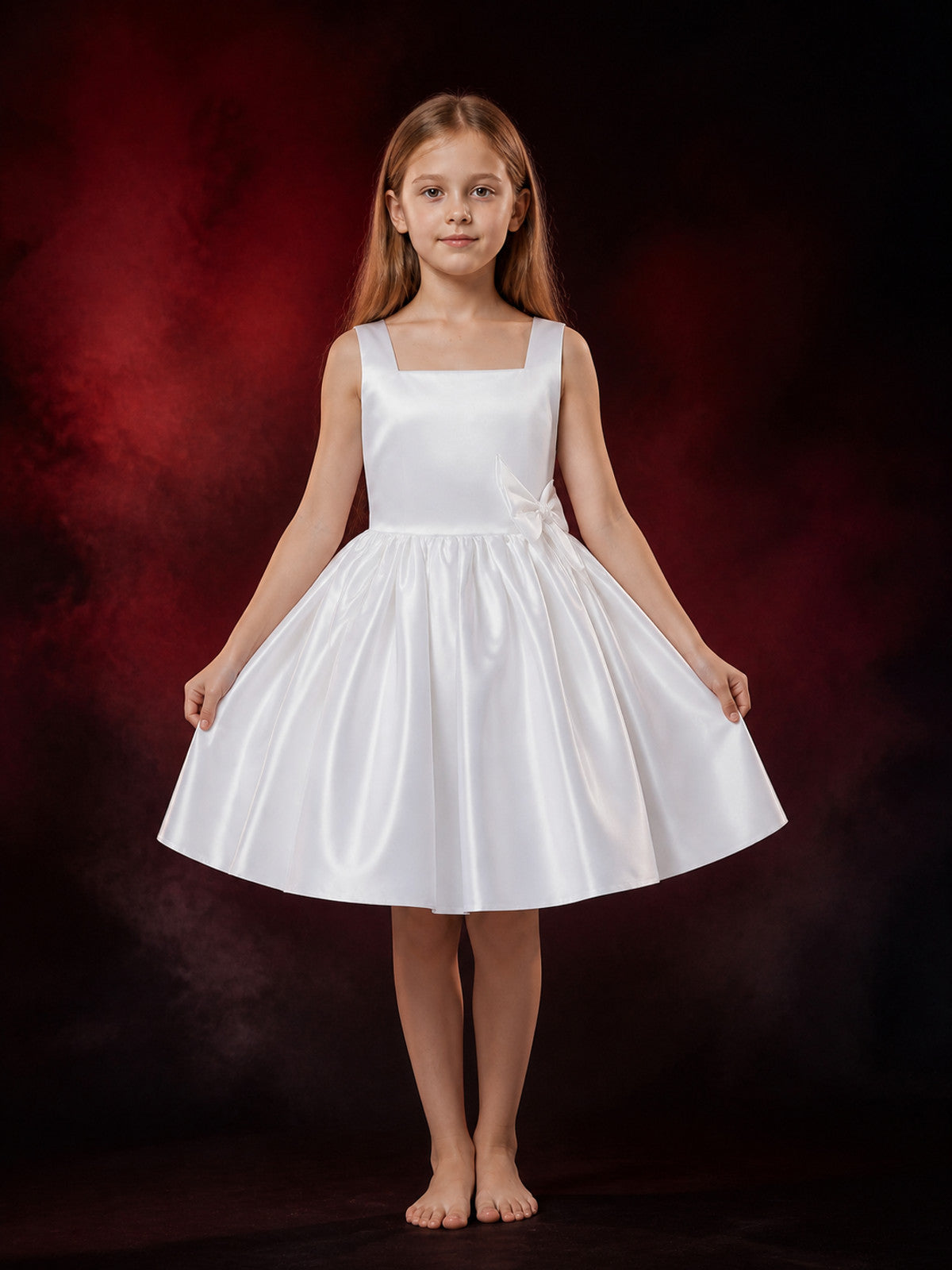 Girls' White Princess Dress with Bow Details, Sleeveless A-Line Formal Dress main product view
