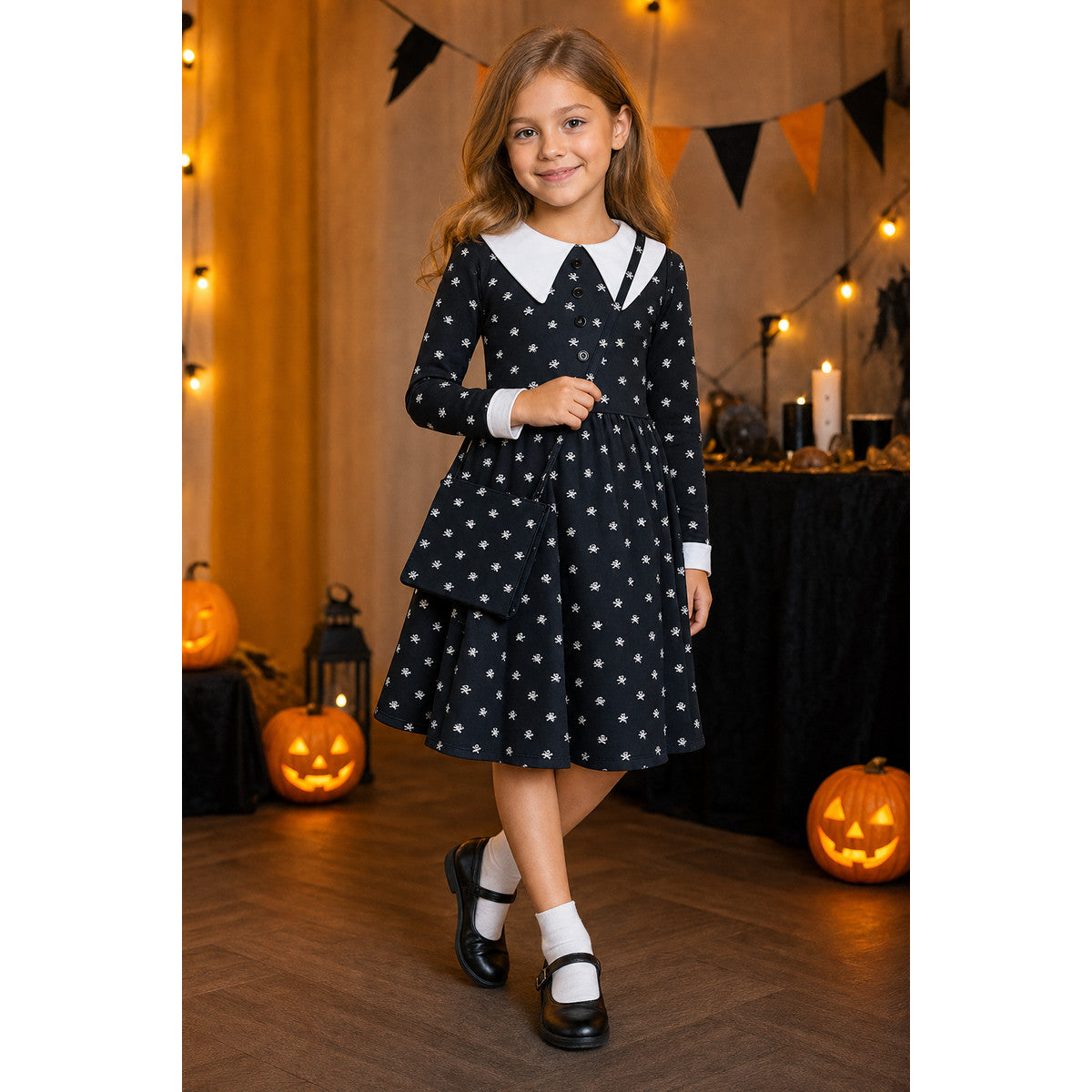 Gothic Carnival Dress with Skulls and Bag lifestyle view