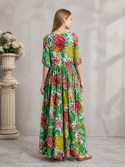 Green Multicolor Floral Print Long Dress with Short Sleeves, Round Neck, Wide