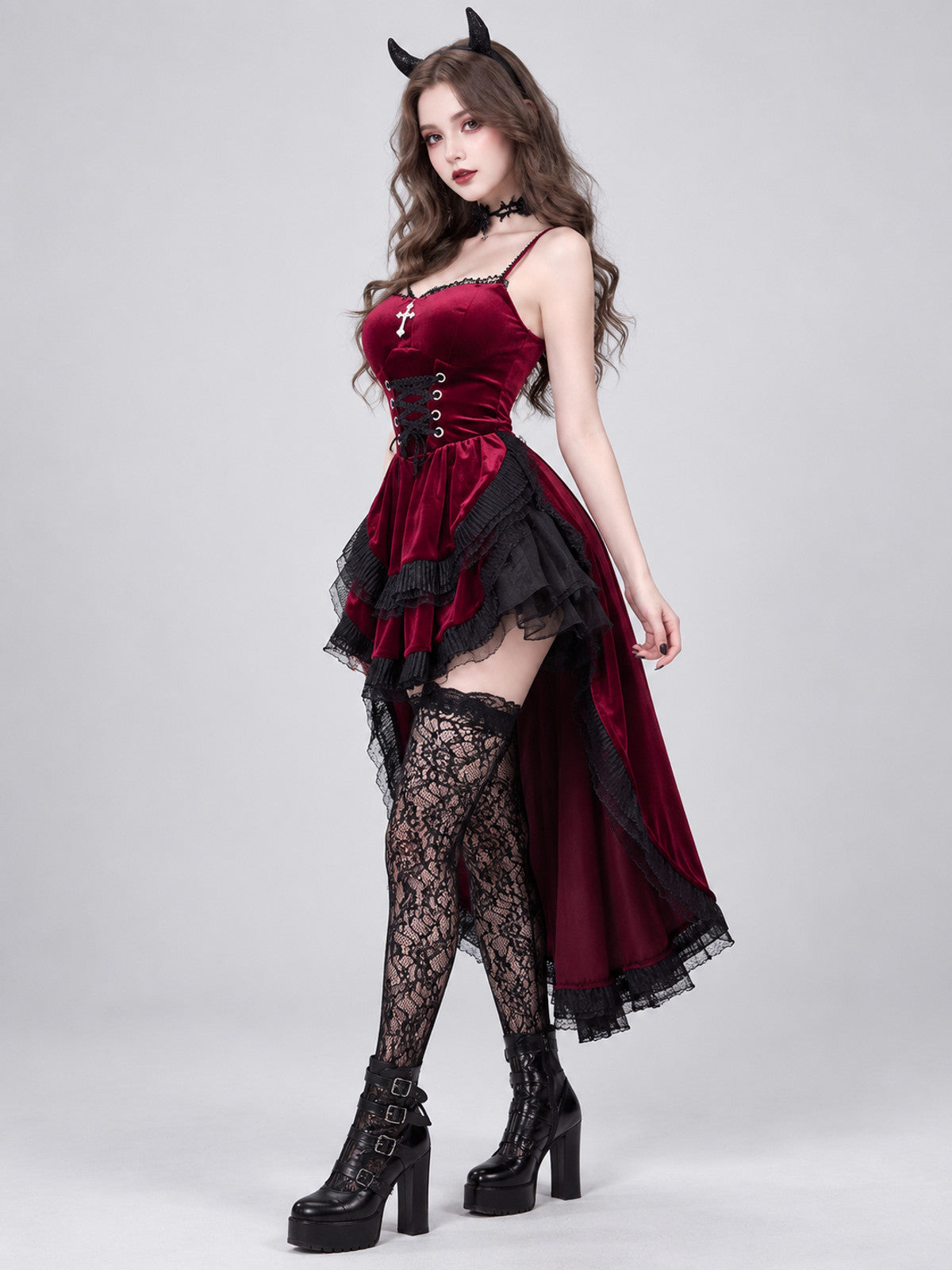 Halloween Costume: Burgundy Dress and Horned Headpiece
