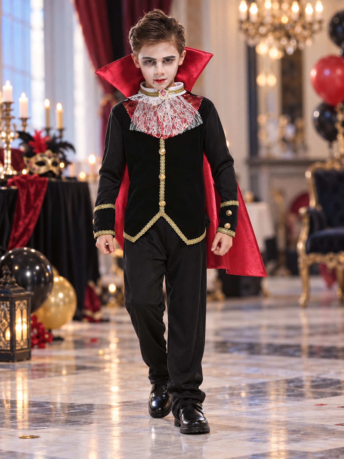 Children's vampire costume with cape and fangs lifestyle view