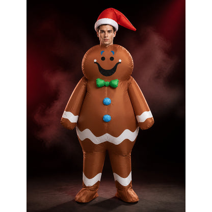 Adult Inflatable Gingerbread Man Costume with Santa Hat and Bow Tie, Funny lifestyle