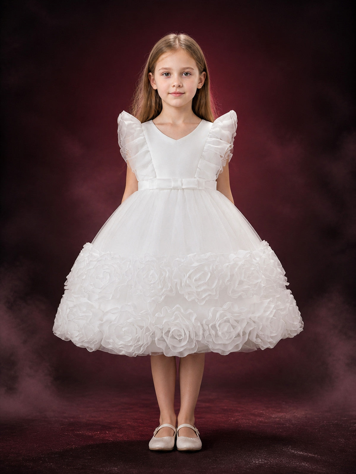 Girls' White Princess Dress, Layered Tulle Party Outfit with Rose Flowers and main product view