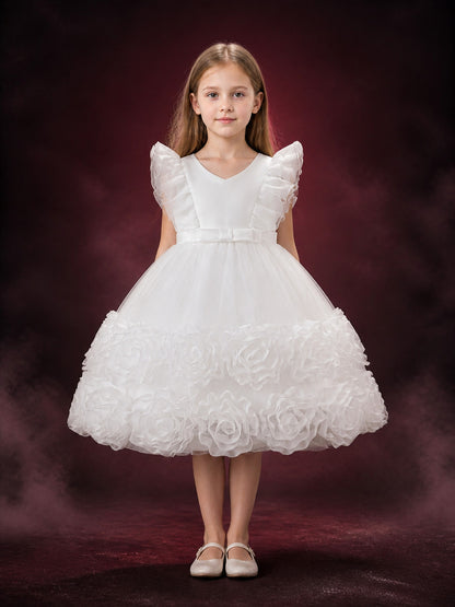 Girls' White Princess Dress, Layered Tulle Party Outfit with Rose Flowers and main product view