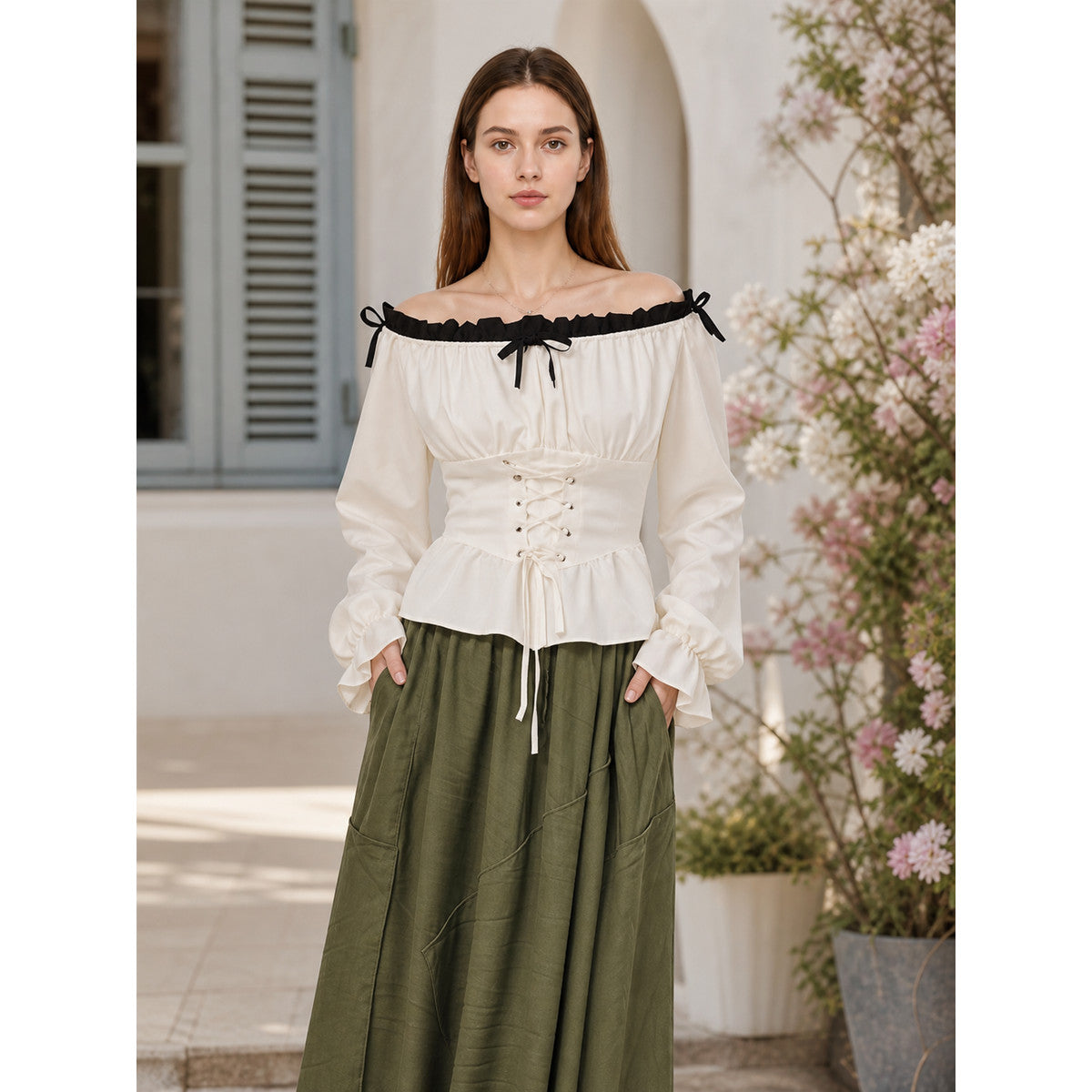Off-the-shoulder blouse with corset lacing