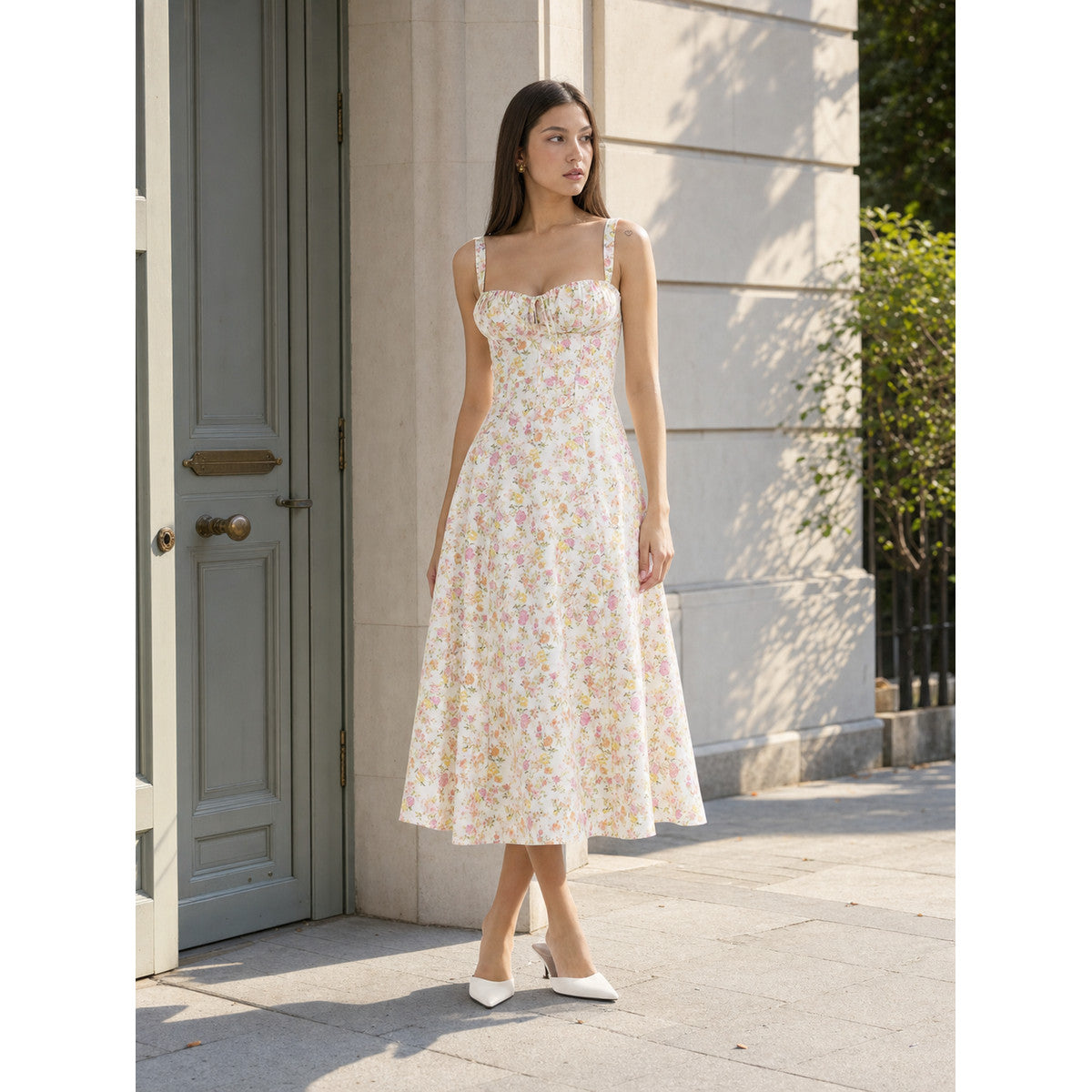 Floral Print Midi Dress with Wide Straps
