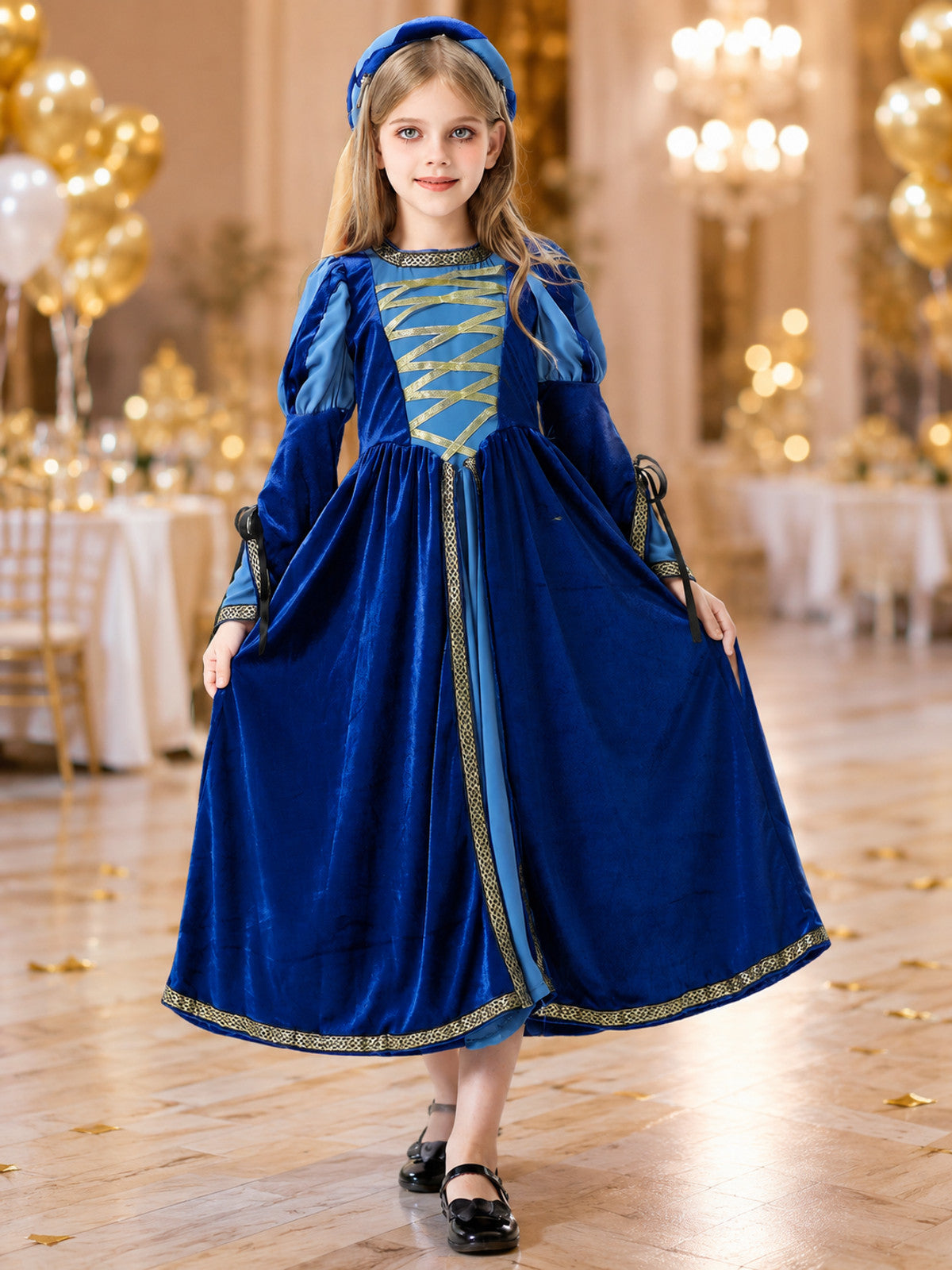 Children's velvet carnival dress with headpiece lifestyle view