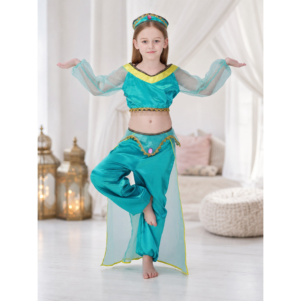 Children's dance costume, green, with headband lifestyle view
