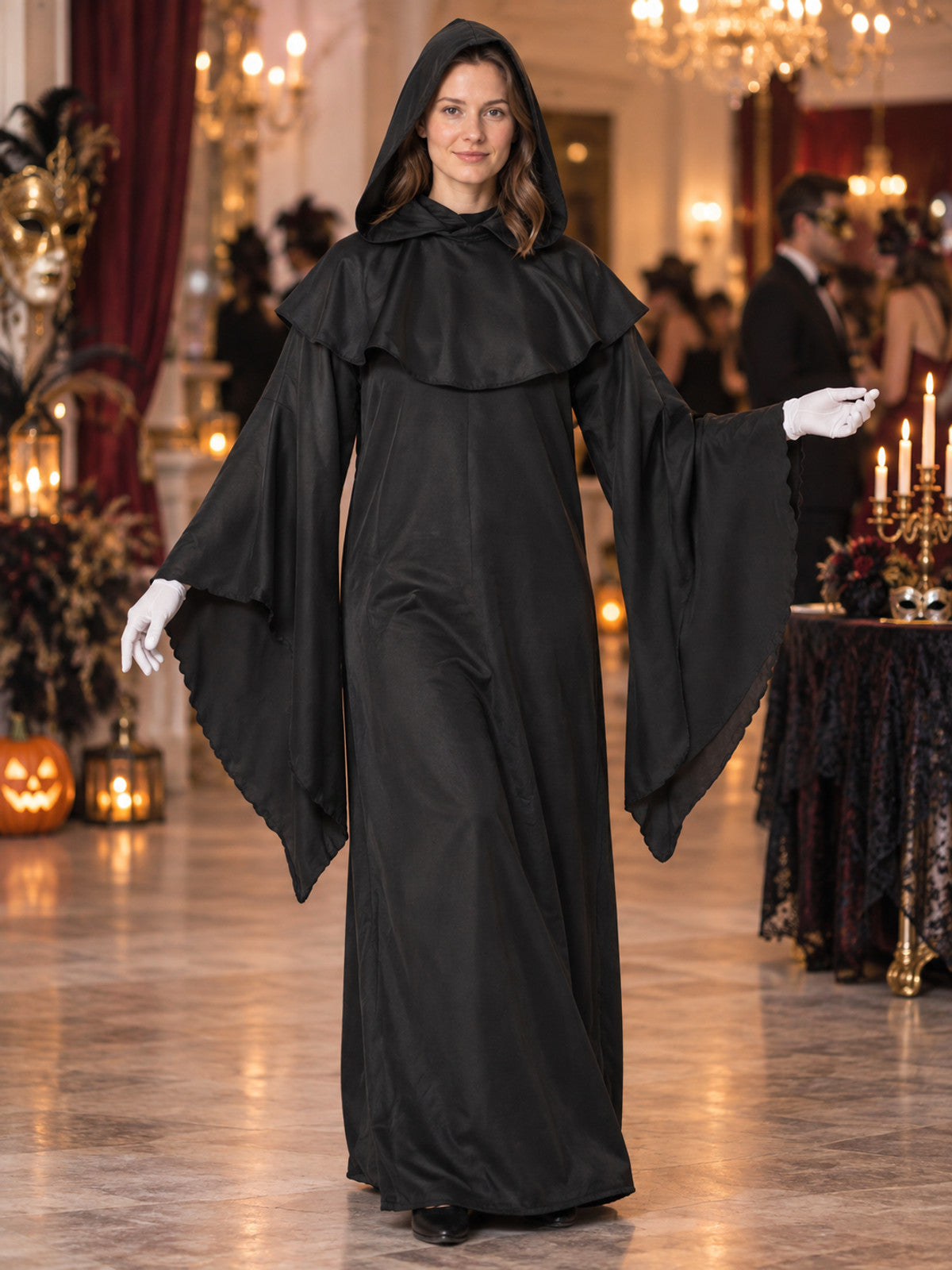 Black Wizard Costume with Hood and Gloves