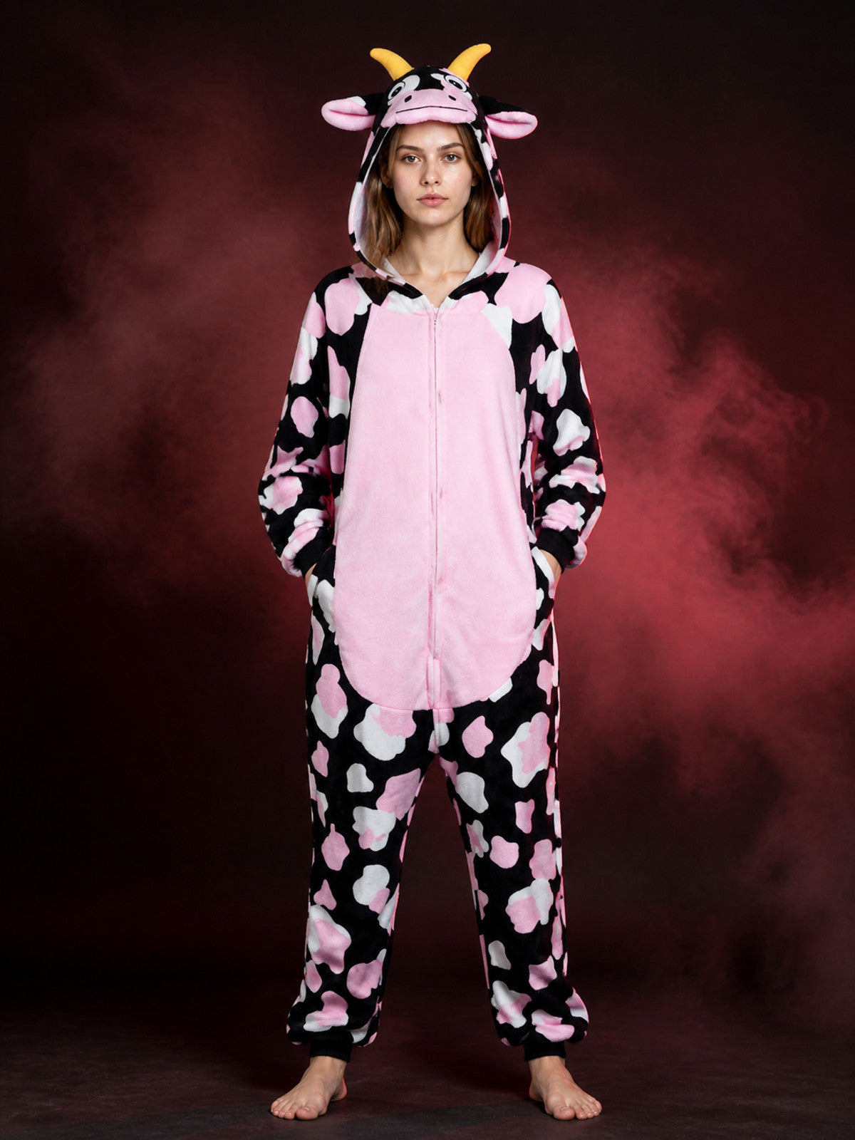 Pink Cow Animal Hooded Jumpsuit with Horns, Ears and Front Zipper main product view
