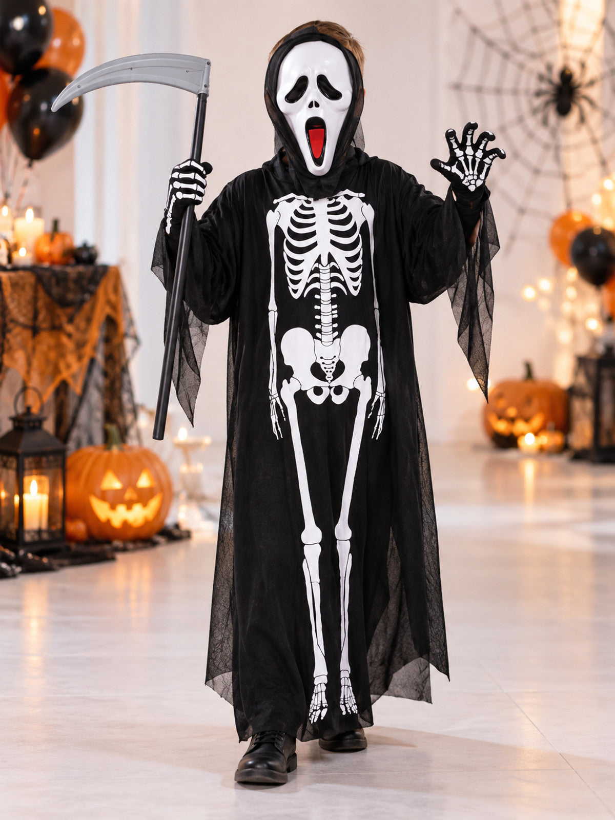 Skeleton costume with robe, mask, and gloves