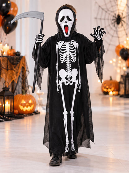 Skeleton costume with robe, mask, and gloves