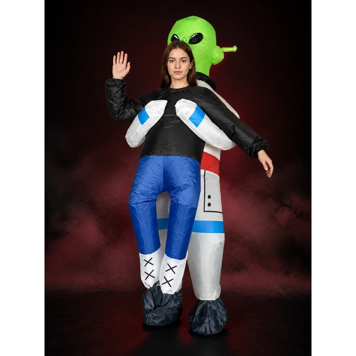 Adult Alien Bodysuit Costume, Black Blue White with Green Head and Black Eyes main product view