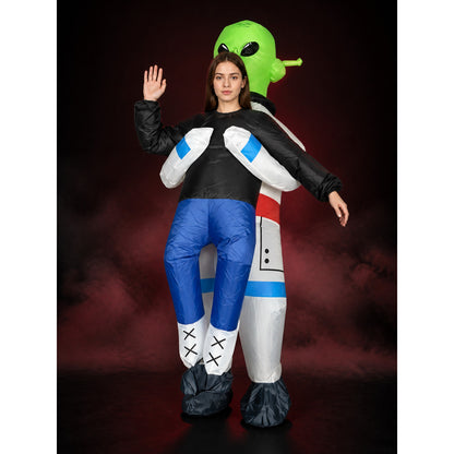 Adult Alien Bodysuit Costume, Black Blue White with Green Head and Black Eyes main product view
