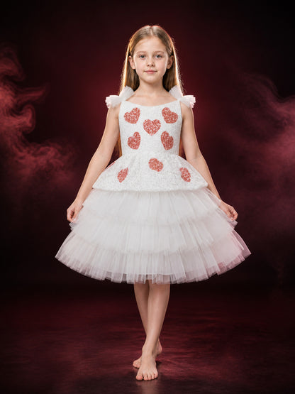 Toddler Girls' Princess Dress, White Layered Tulle Gown With Heart Sequins main product view