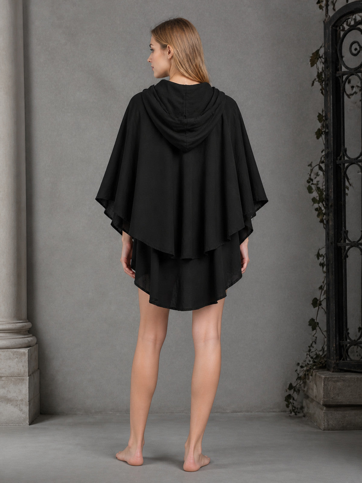 Women's Gothic Hooded Cape Cloak for Halloween Cosplay, Black Flowing Draped