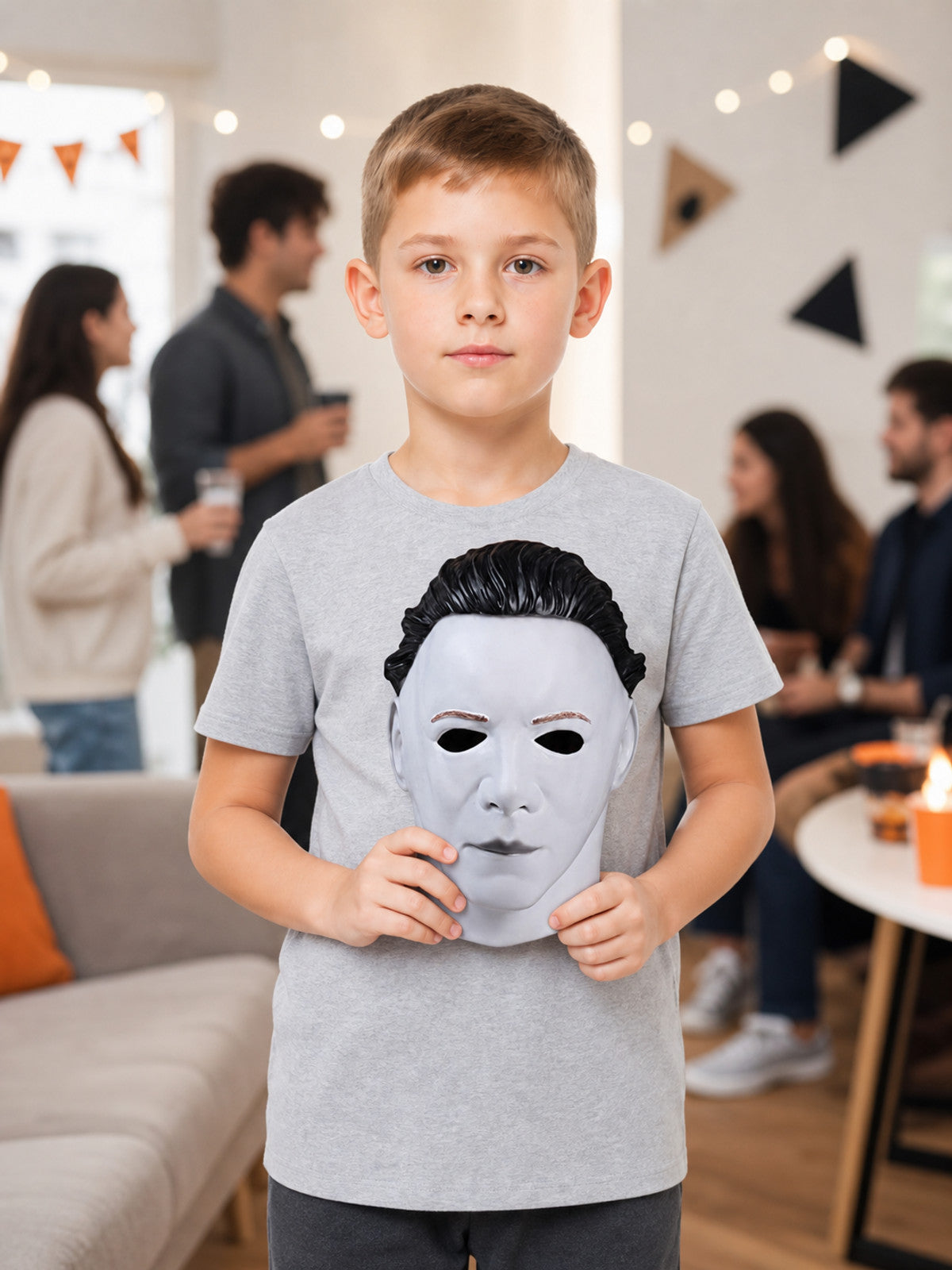 White face mask with black molded hair, held by a child in a gray shirt in a decorated indoor setting