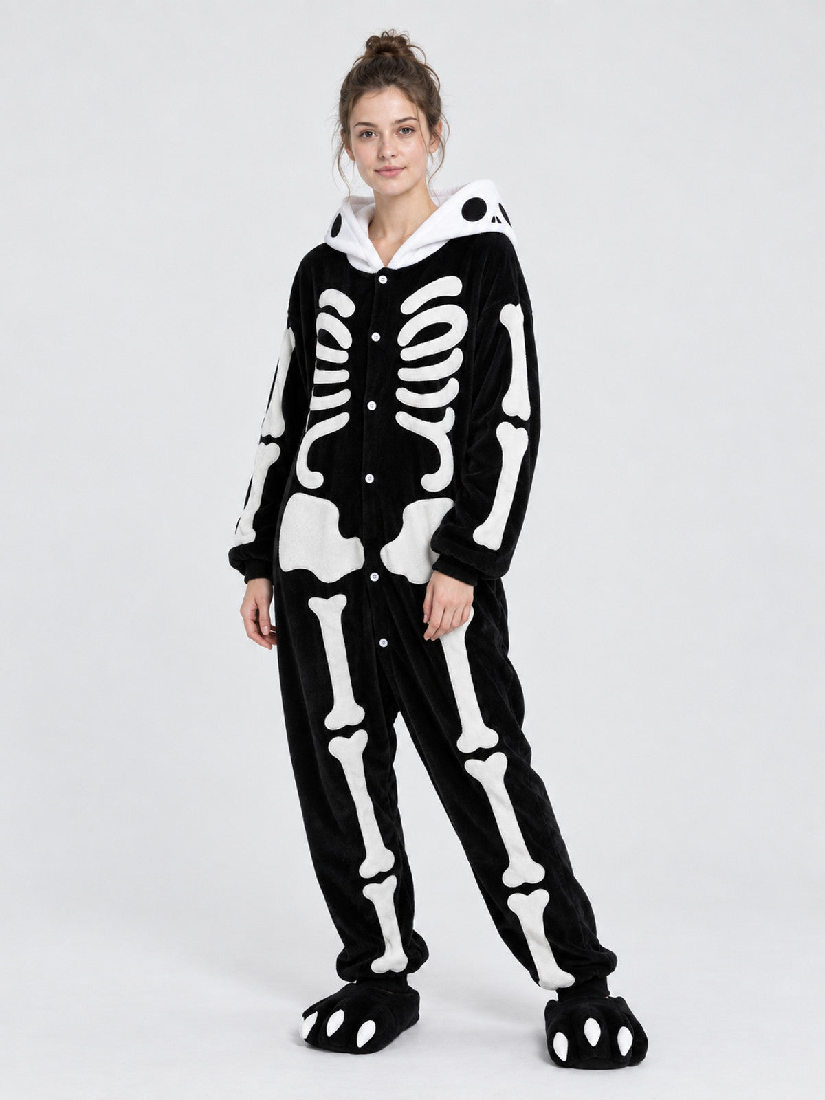 Black Hooded Pajama Jumpsuit with Skeleton Print