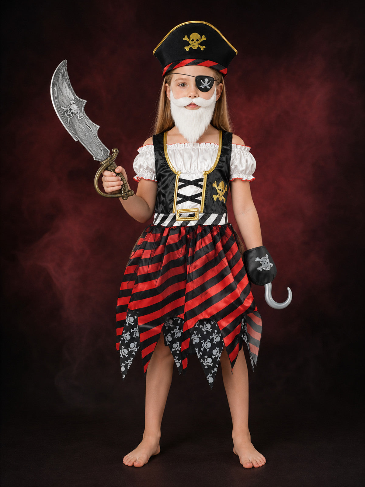 Kids Pirate Costume Set - Dress with Hat, Sword, Eyepatch and Hook Halloween