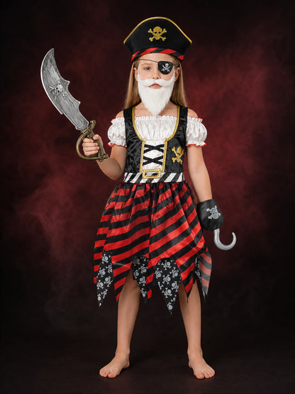 Kids Pirate Costume Set - Dress with Hat, Sword, Eyepatch and Hook Halloween