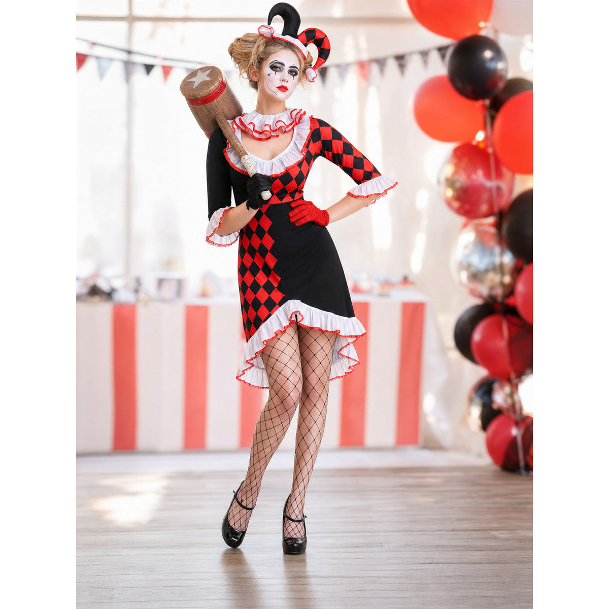 Harlequin Carnival Costume with Dress and Accessories lifestyle view