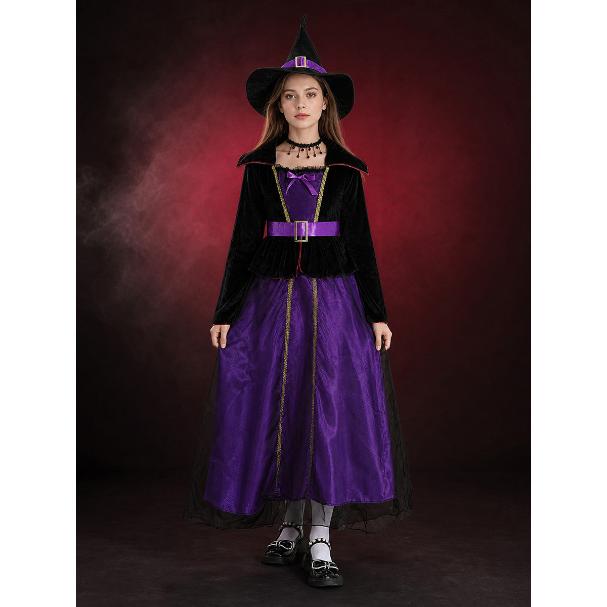 Girls Black Purple Witch Costume Set With Hat, Belt & Necklace For Halloween main product view