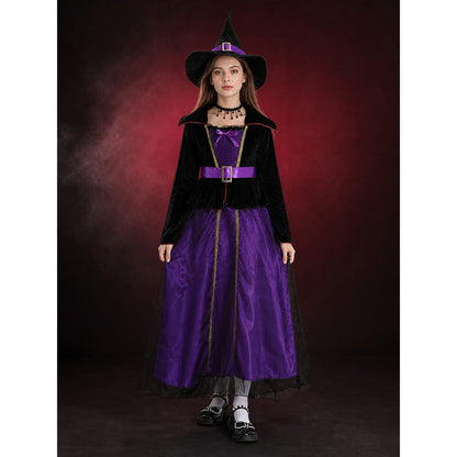 Girls Black Purple Witch Costume Set With Hat, Belt & Necklace For Halloween main product view